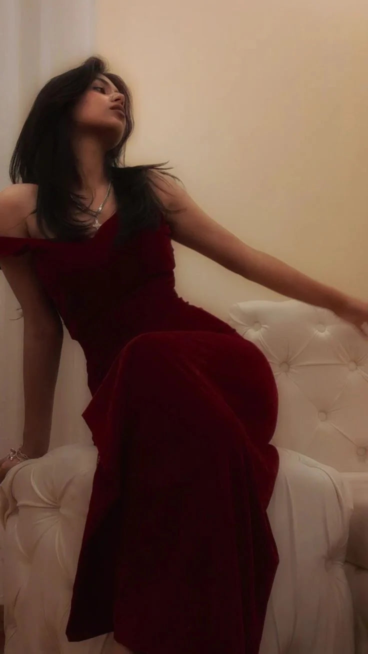 TingPo Wholesale Sexy Mermaid Off The Shoulder Burgundy Velvet Long Prom Dress Evening Dresses